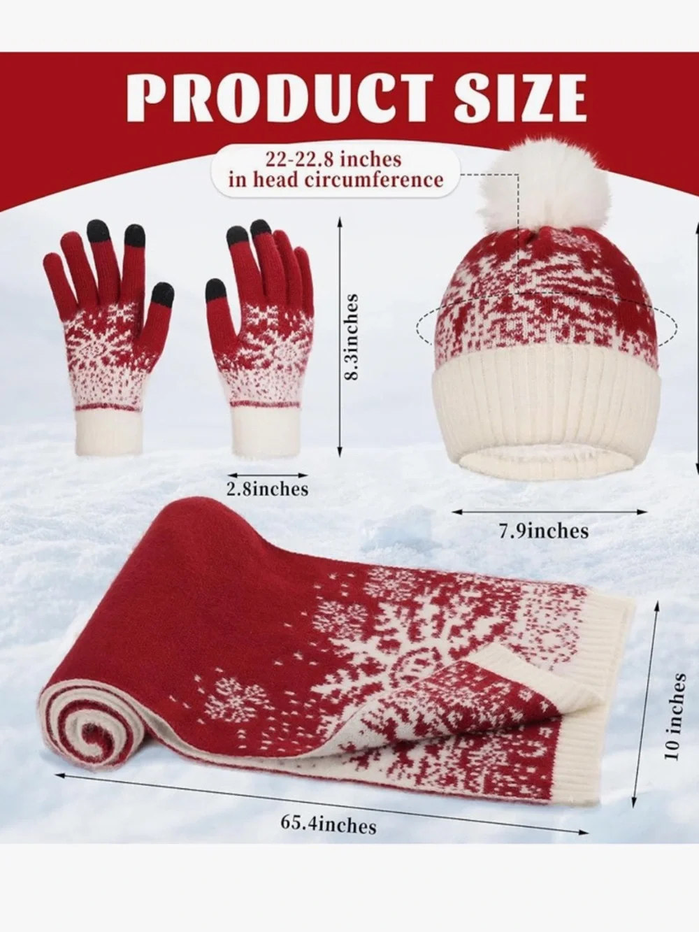 Cozy Red and White Knit Beanie, Scarf & Touchscreen Gloves Set
